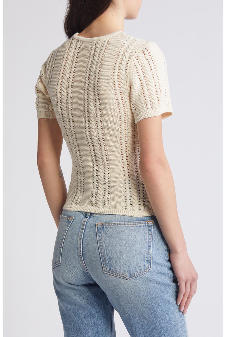 Nora Cable Detail Short Sleeve Cotton Blend Sweater, Alternate, color, BIRCH