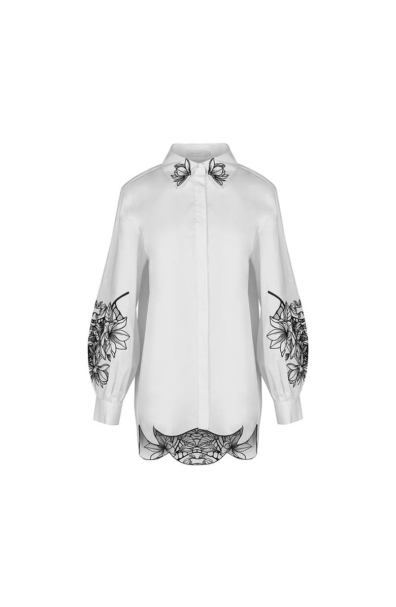 Anne Fontaine Women's Shirt  Leonie White Long Sleeve Cotton Poplin Shirt With Black Embroidered Flowers, Main, color, Black/White