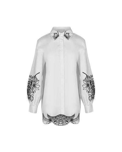 Women's Shirt  Leonie White Long Sleeve Cotton Poplin Shirt With Black Embroidered Flowers