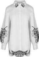 Anne Fontaine Women's Shirt  Leonie White Long Sleeve Cotton Poplin Shirt With Black Embroidered Flowers