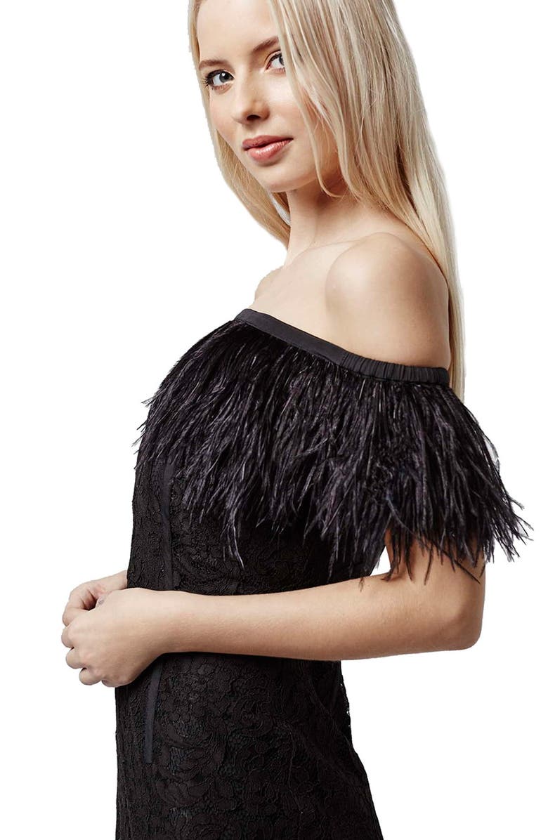 Topshop Feather Trim Lace Off the Shoulder Dress, Alternate, color, 