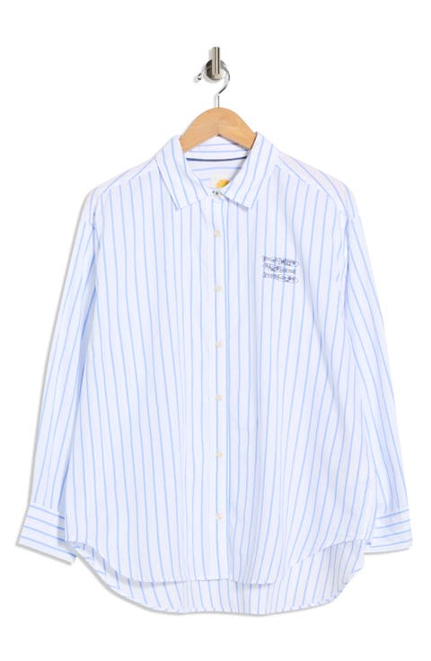 Alaina Oversize Embroidered Stripe Button-Up Shirt