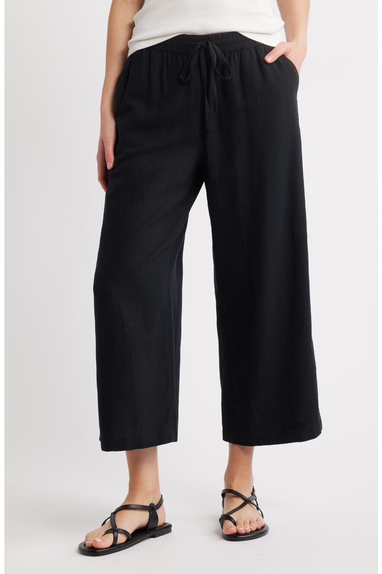 Drawstring Wide Leg Linen Blend Pants, Main, color, BLACK