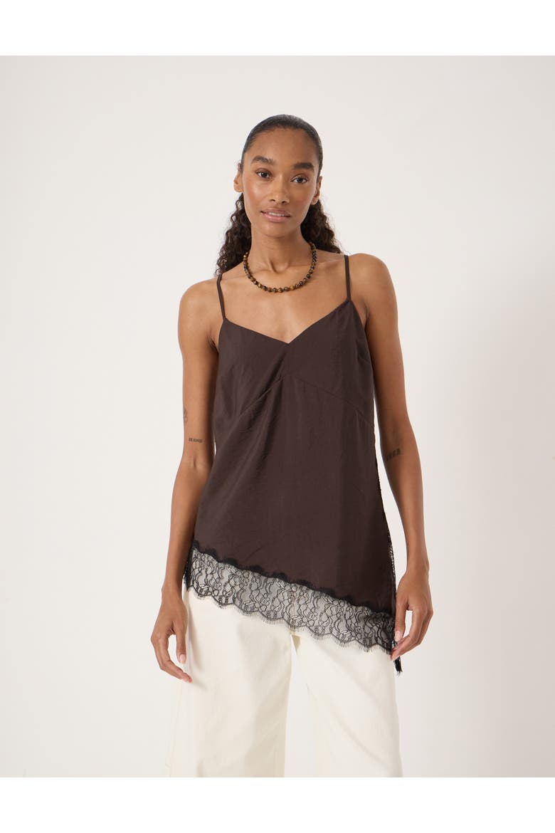 Marnie Asymmetric Lace Trim Cami Top, Main, color, Dark Brown