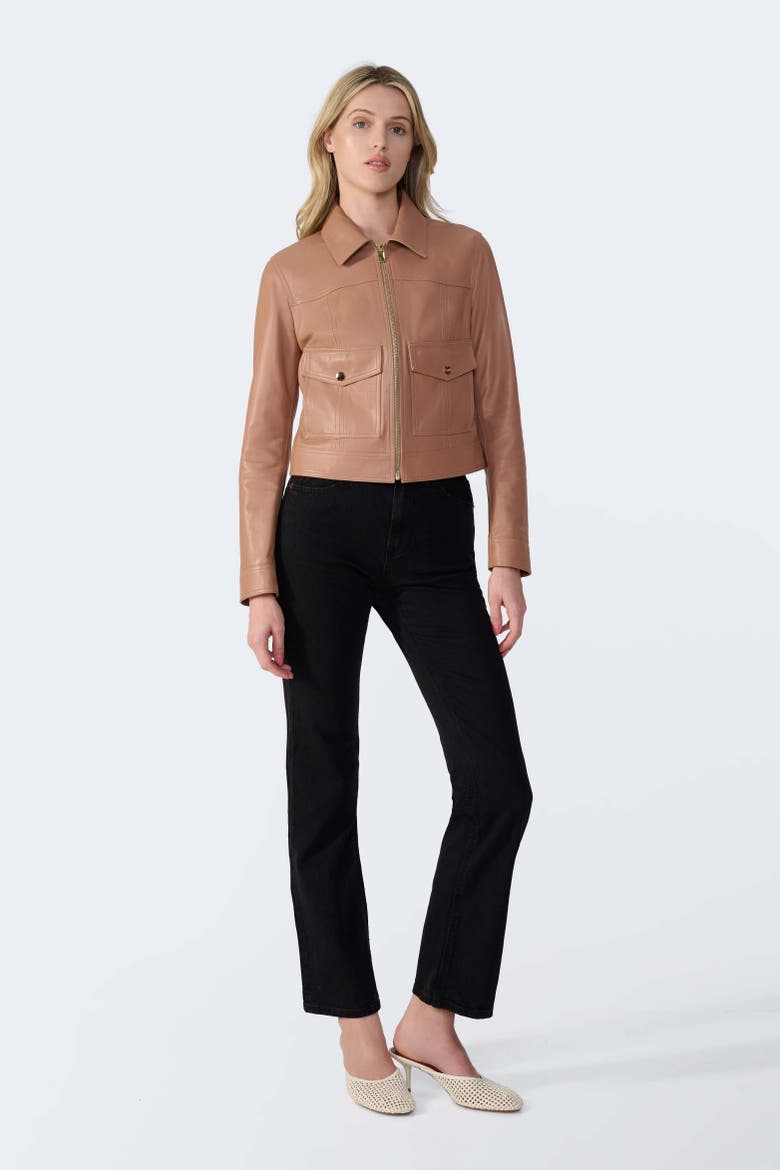 Flora Leather Jacket, Alternate, color, Mocha Brown