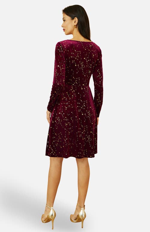 Yumi Star Foil Print Skater Dress In Burgundy