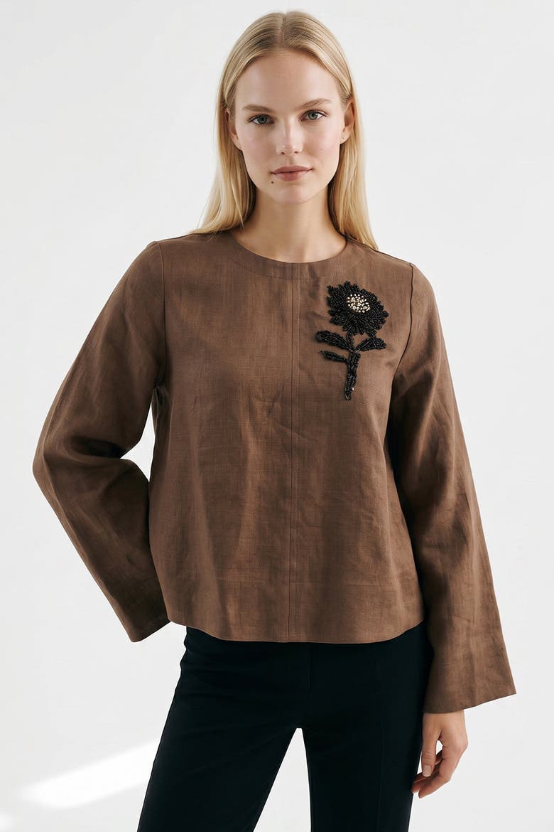 Fifine Long Sleeve Linen Blouse, Alternate, color, Brown
