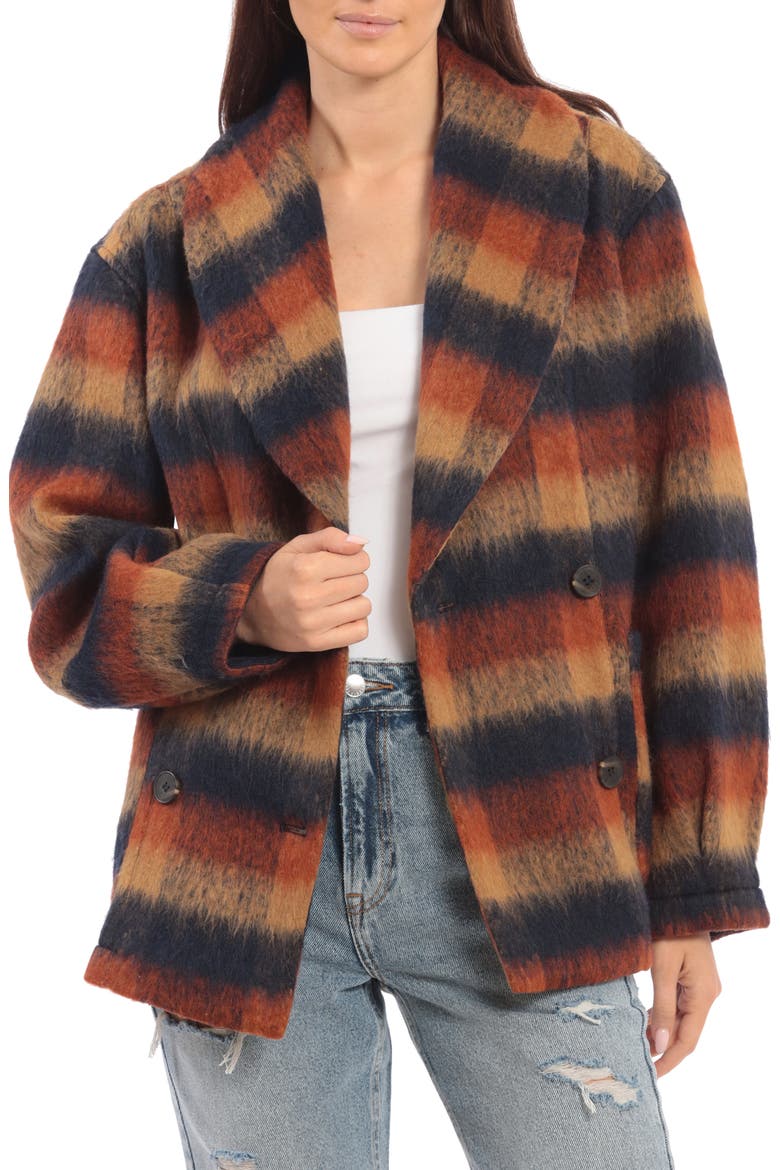 Plaid Shawl Collar Double Breasted Jacket, Main, color, RUST/ NAVY BRUSHED PLAID