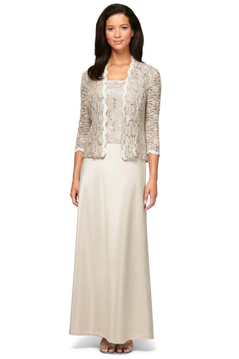 Sequin Lace & Satin Gown with Jacket, Alternate, color, TAUPE