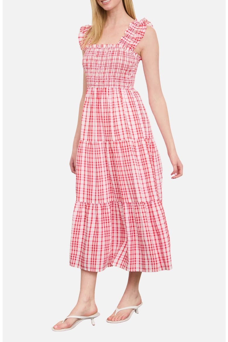 Plaid Ruffle Smocked Fit & Flare Midi Dress, Alternate, color, RED