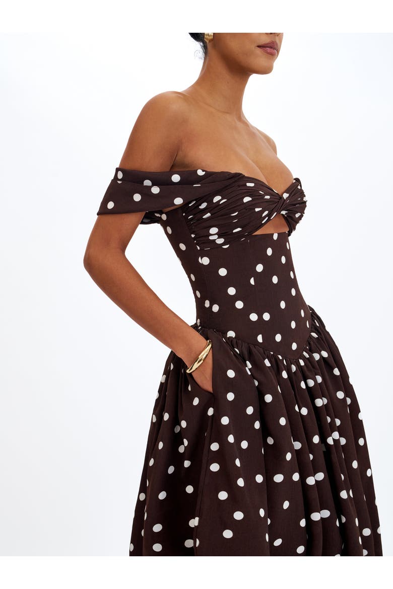 Xandie Polka Dot Off-Shoulder Midi Dress, Alternate, color, Mocha