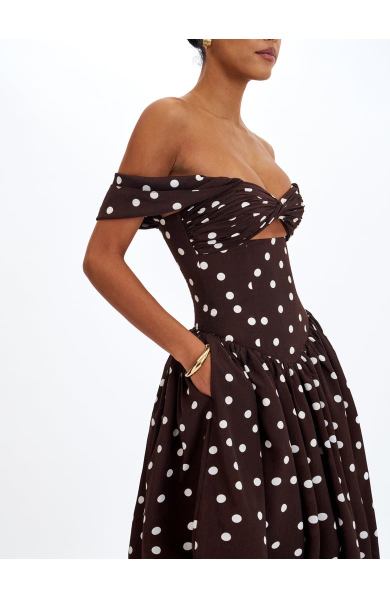Miss Circle Xandie Polka Dot Off-Shoulder Midi Dress, Alternate, color, Mocha