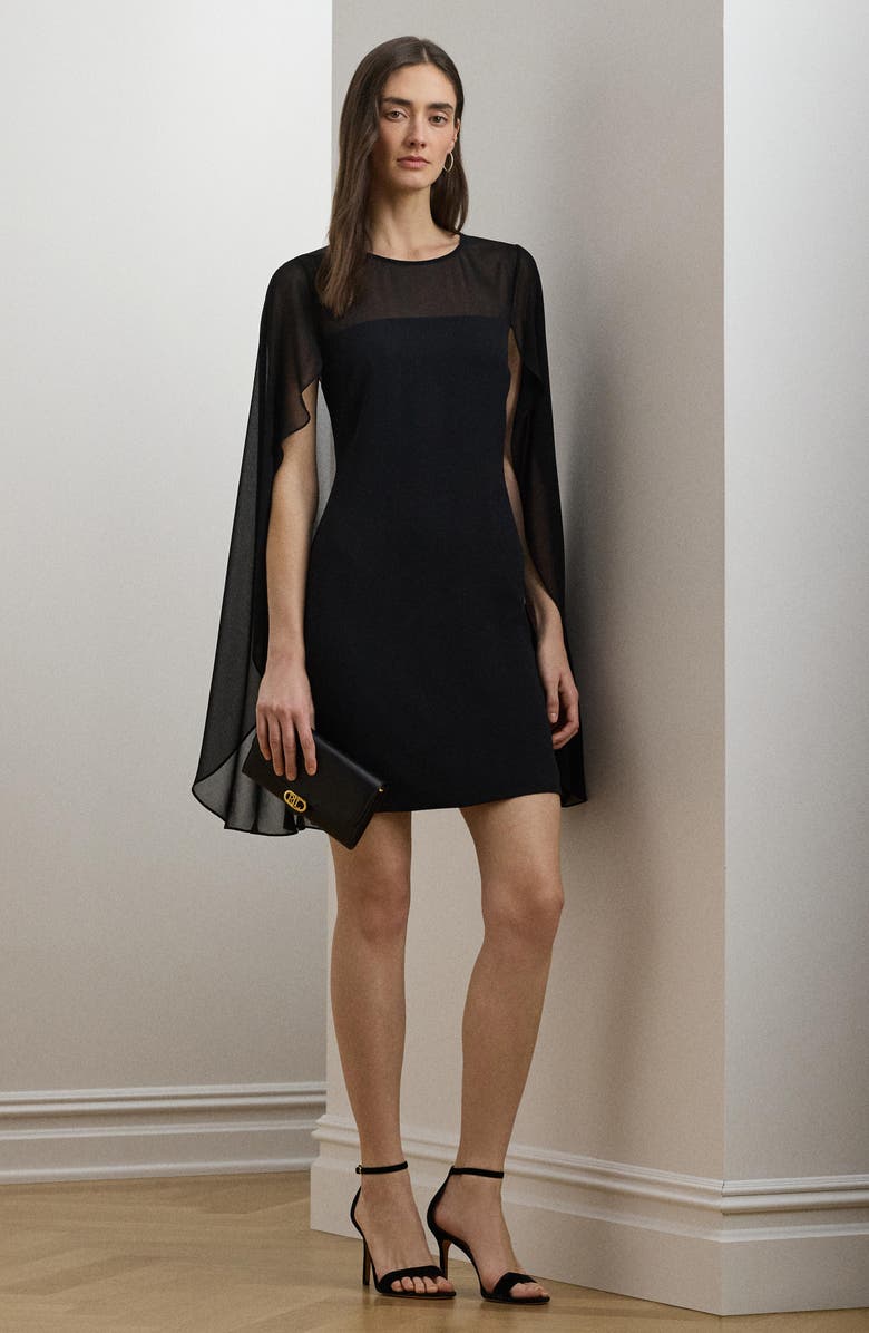Lauren Ralph Lauren Cape Long Sleeve Cocktail Minidress, Alternate, color, Black