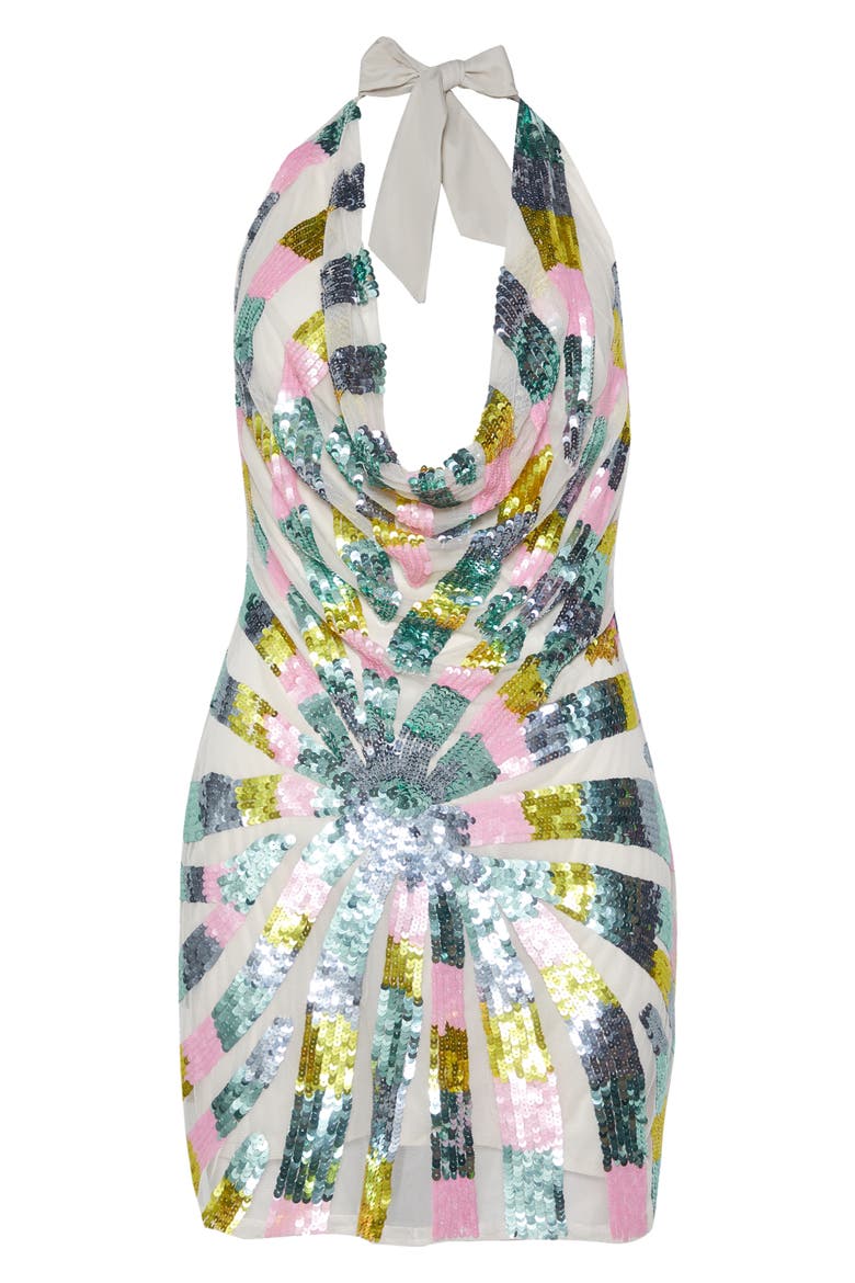 Tie Dye Sequin Palm Plunge Halter Minidress, Alternate, color, WHITE