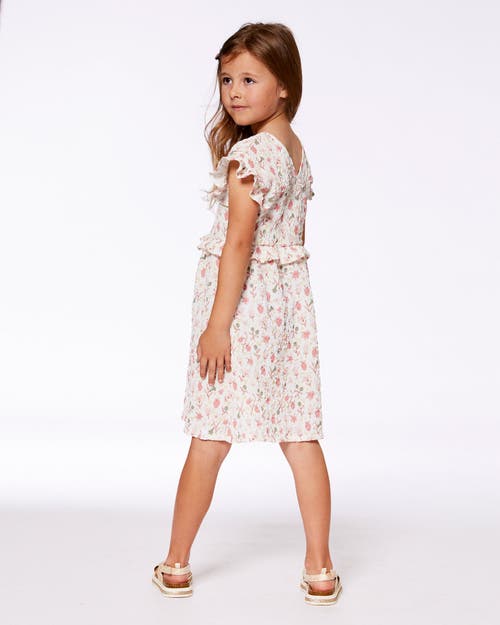 Deux Par Deux Girls' Printed Seersucker Dress With Frill Flowers On Background - Little Kid In Pink Flowers On Cream