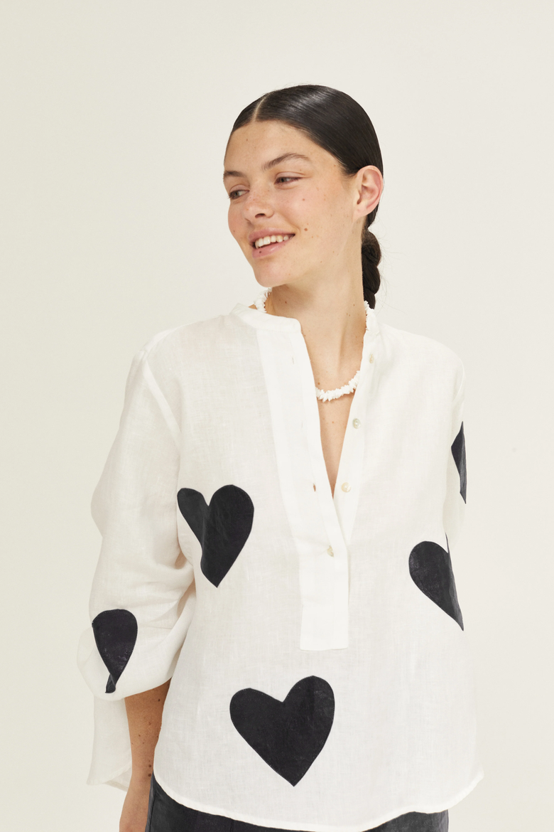 Cupid Linen Shirt with Metallic Hearts, Main, color, Off-White