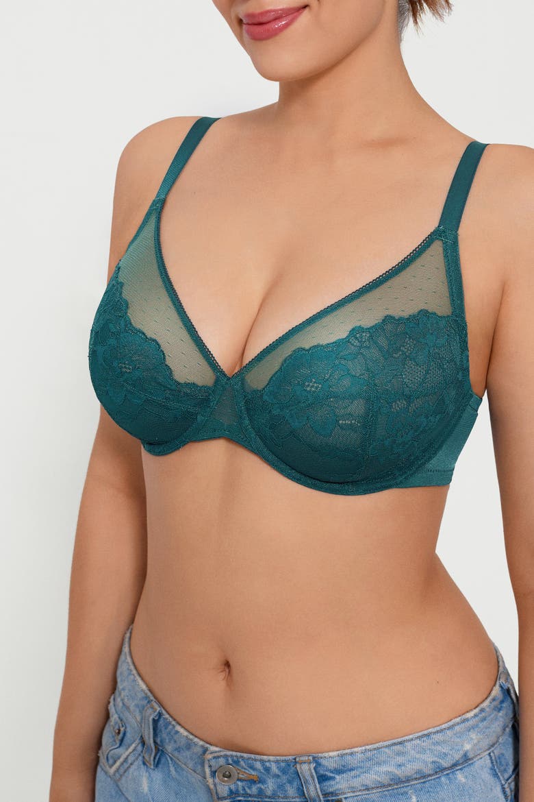 Lightweight Underwire Minimizer Lace Mesh Bra, Alternate, color, Leaf
