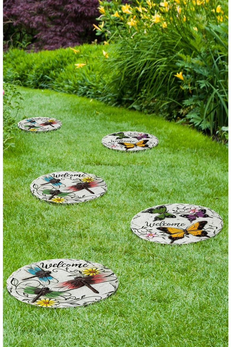 Set of 2 Cement Stepping Stones with Fluttering Butterflies and Dragonflies Pattern, Alternate, color, White