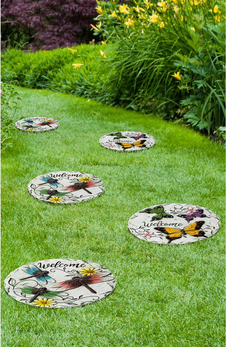 Glitzhome Set of 2 Cement Stepping Stones with Fluttering Butterflies and Dragonflies Pattern, Alternate, color, White