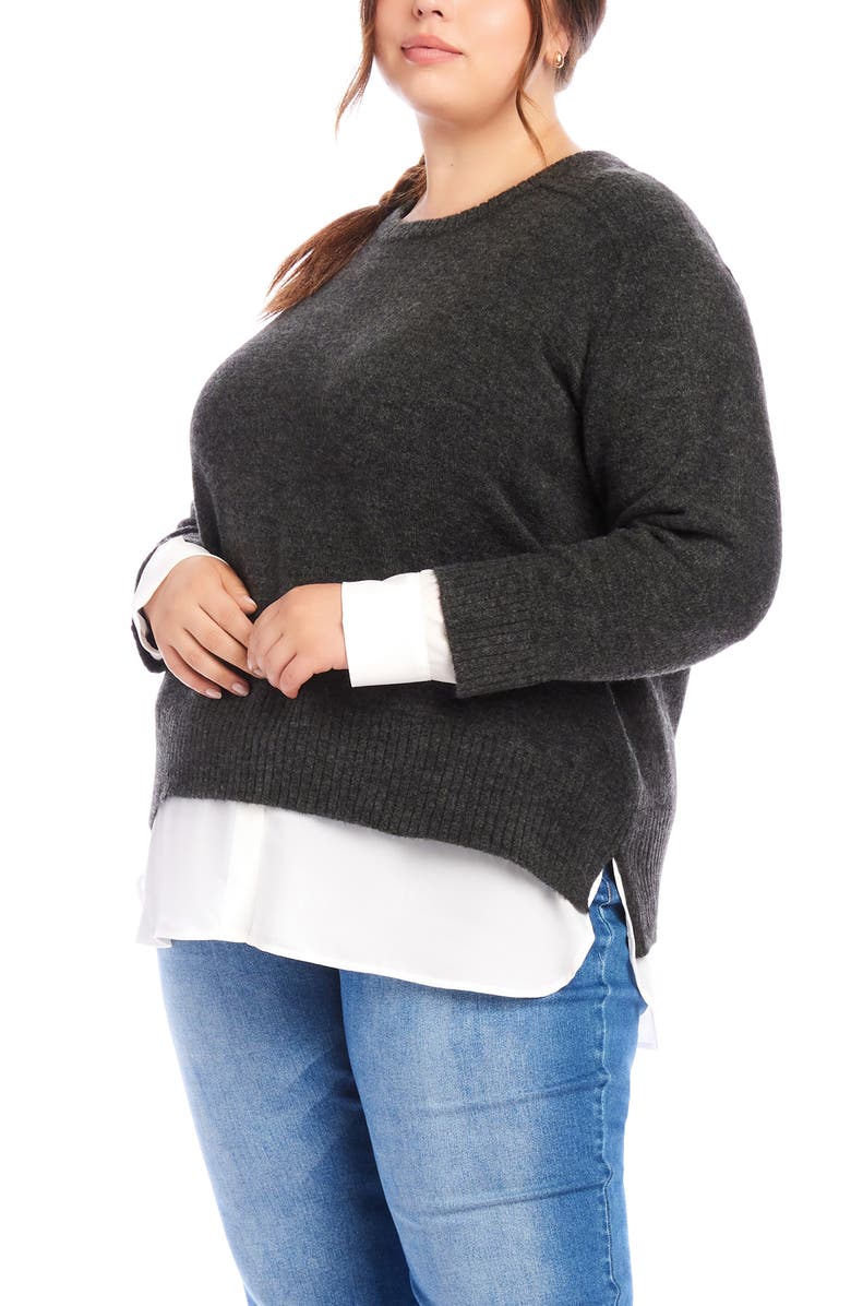 Karen Kane Mixed Media Layered Crewneck Sweater, Alternate, color, Charcoal