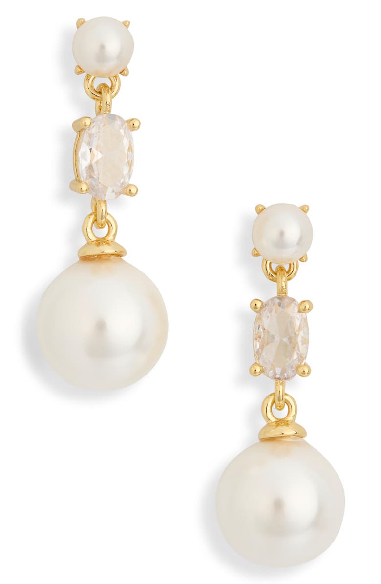 NORDSTROM RACK Cubic Zirconia & Faux Pearl Cluster Linear Earrings, Main, color, Clear- White- Gold