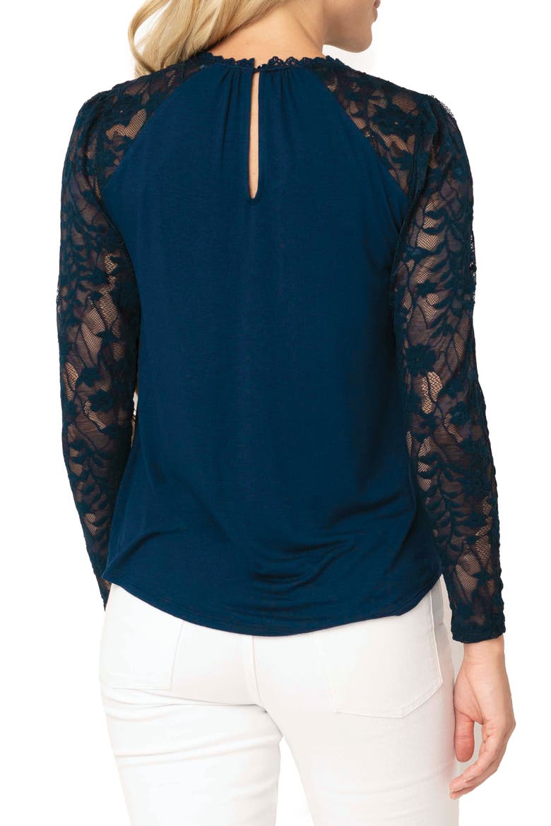 Cyndi Mix Velvet & Lace Sleeve Top, Alternate, color, ROYAL NAVY