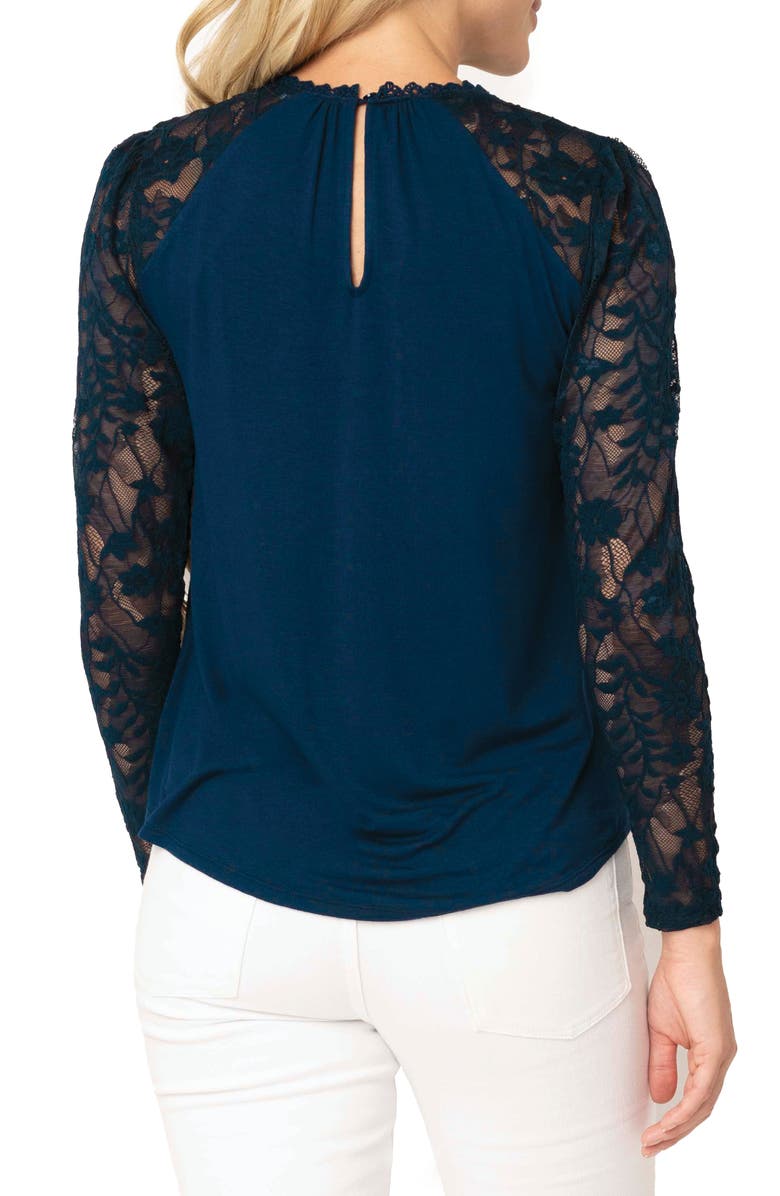 GIBSONLOOK Cyndi Mix Velvet & Lace Sleeve Top, Alternate, color, Royal Navy