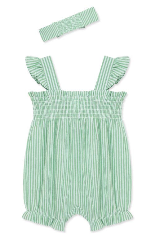 Shop Little Me Stripe Floral Embroidered Cotton Bubble Romper & Headband Set In Green