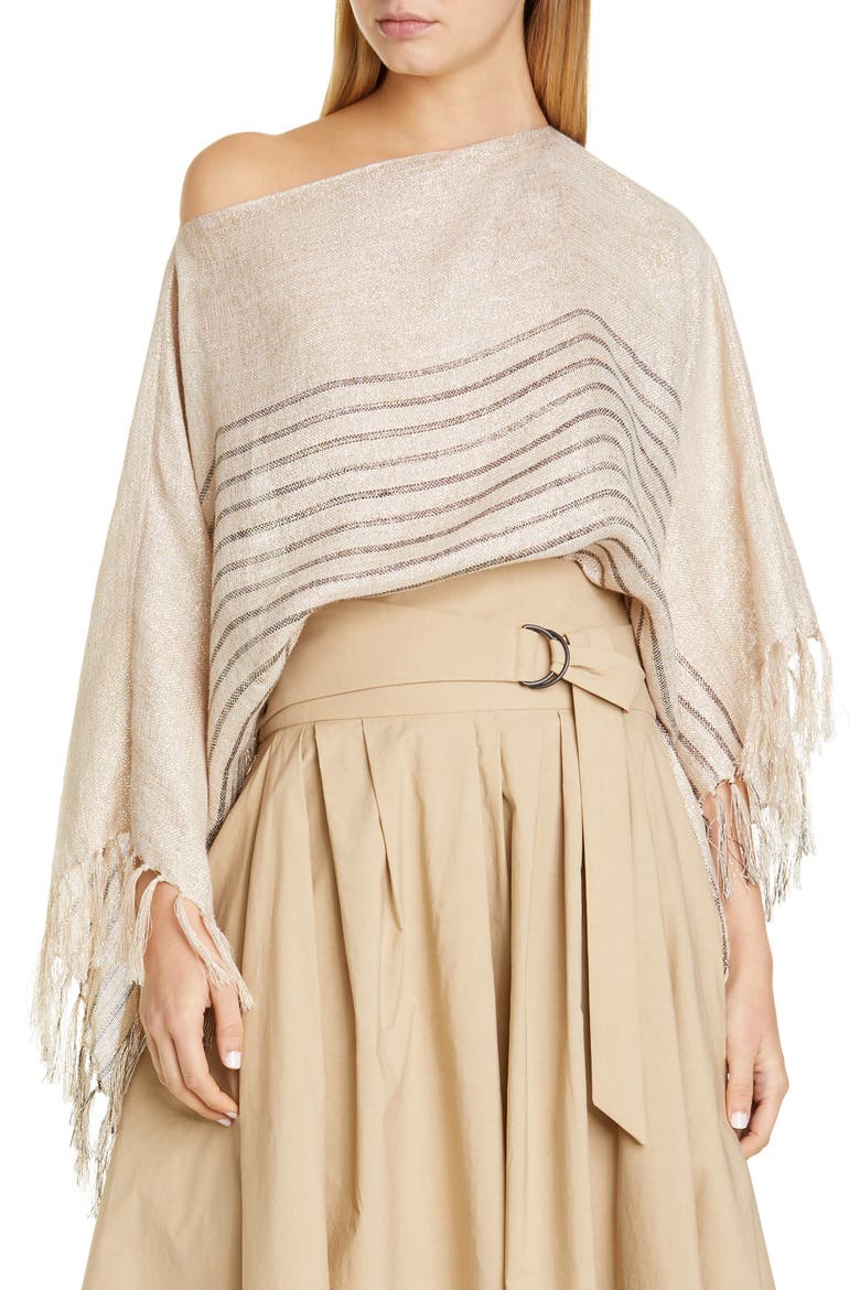 Metallic Stripe Linen Blend Poncho, Main, color, BEIGE BLACK