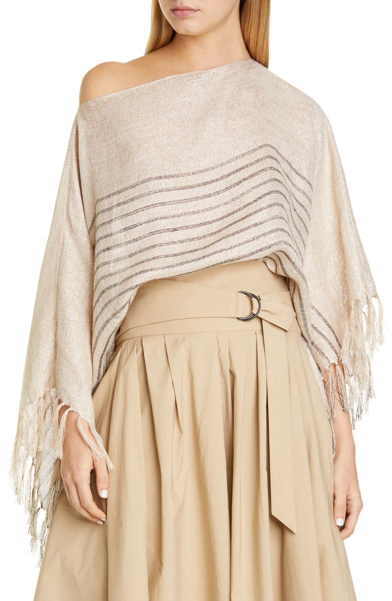Brunello Cucinelli Metallic Stripe Linen Blend Poncho, Main, color, 