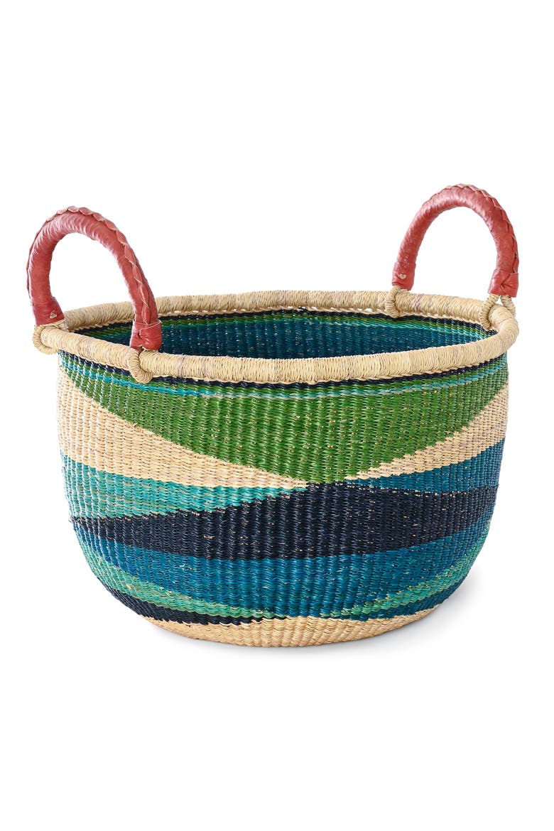 Shades of Blue Triangle Design Bolga Basket with Leather Handles, Main, color, Blue