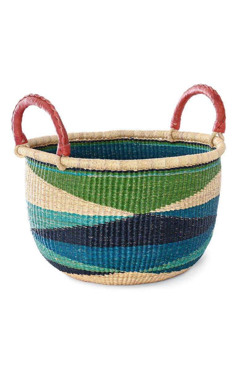 African Modern Shades of Blue Triangle Design Bolga Basket with Leather Handles, Main, color, Blue