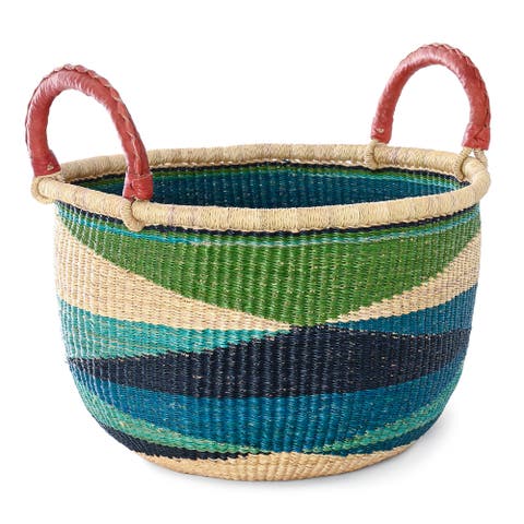 Shades of Blue Triangle Design Bolga Basket with Leather Handles