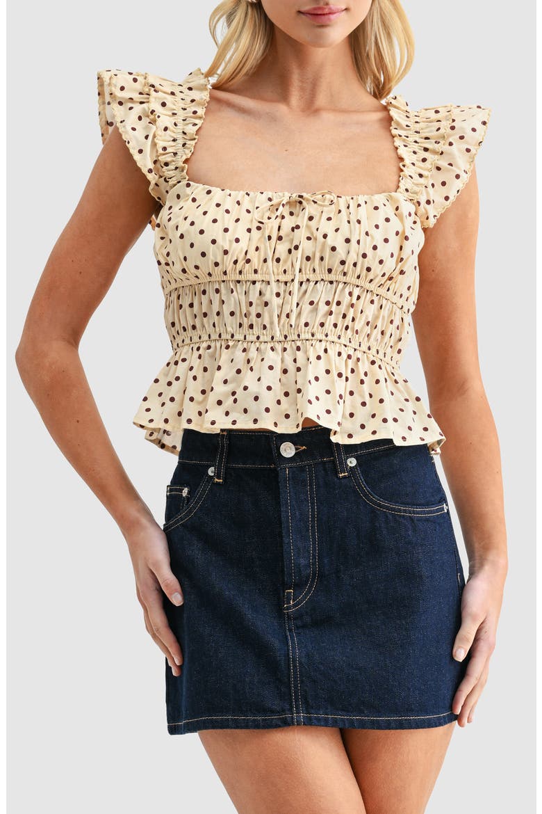 Polka Dot Peplum Top, Main, color, BUTTER BROWN DOT