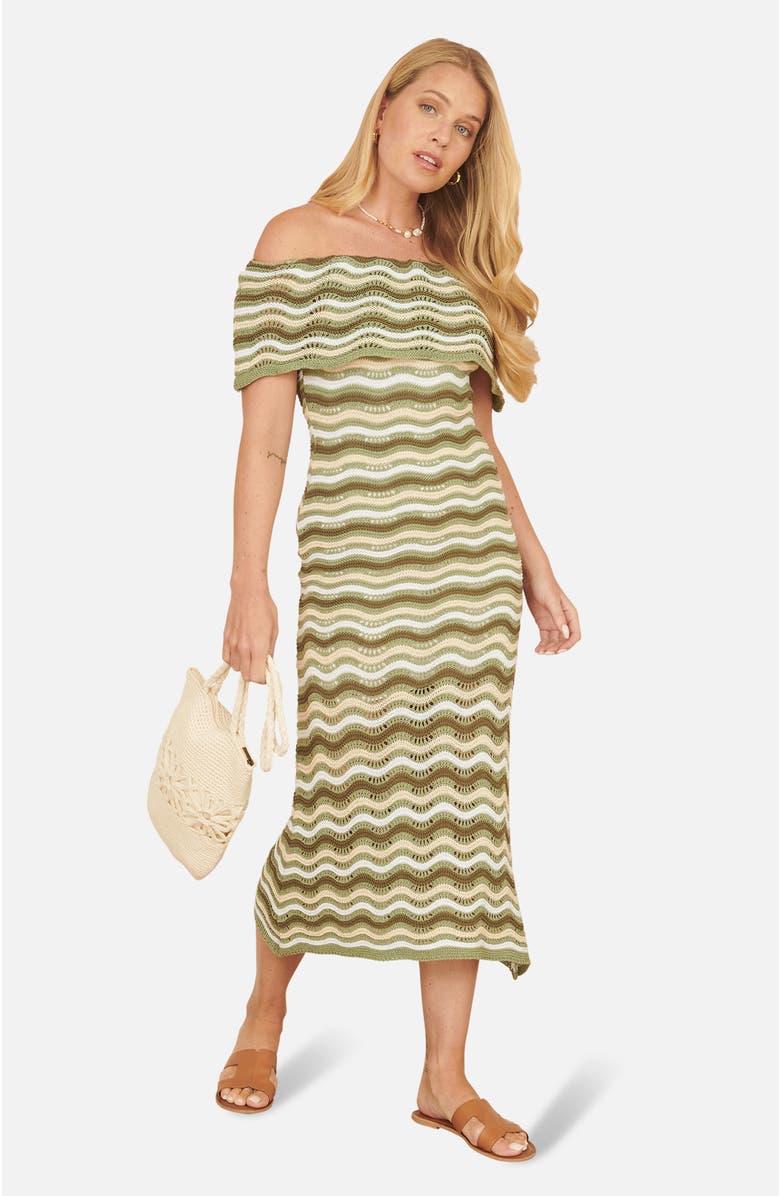 Yumi Stripe Crochet Knit Bardot Midi Dress, Alternate, color, Green