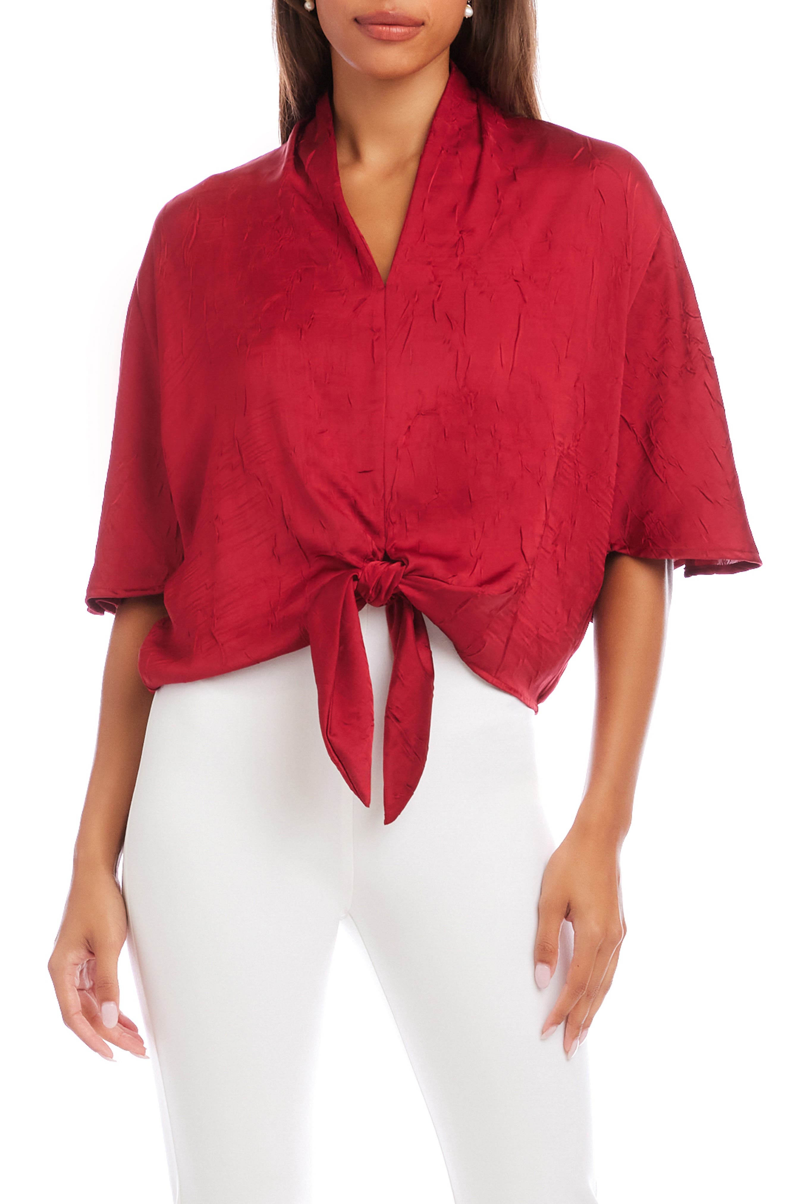 Flare Sleeve Tie Front Satin Top