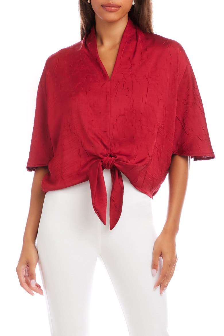 Flare Sleeve Tie Front Satin Top, Main, color, RED
