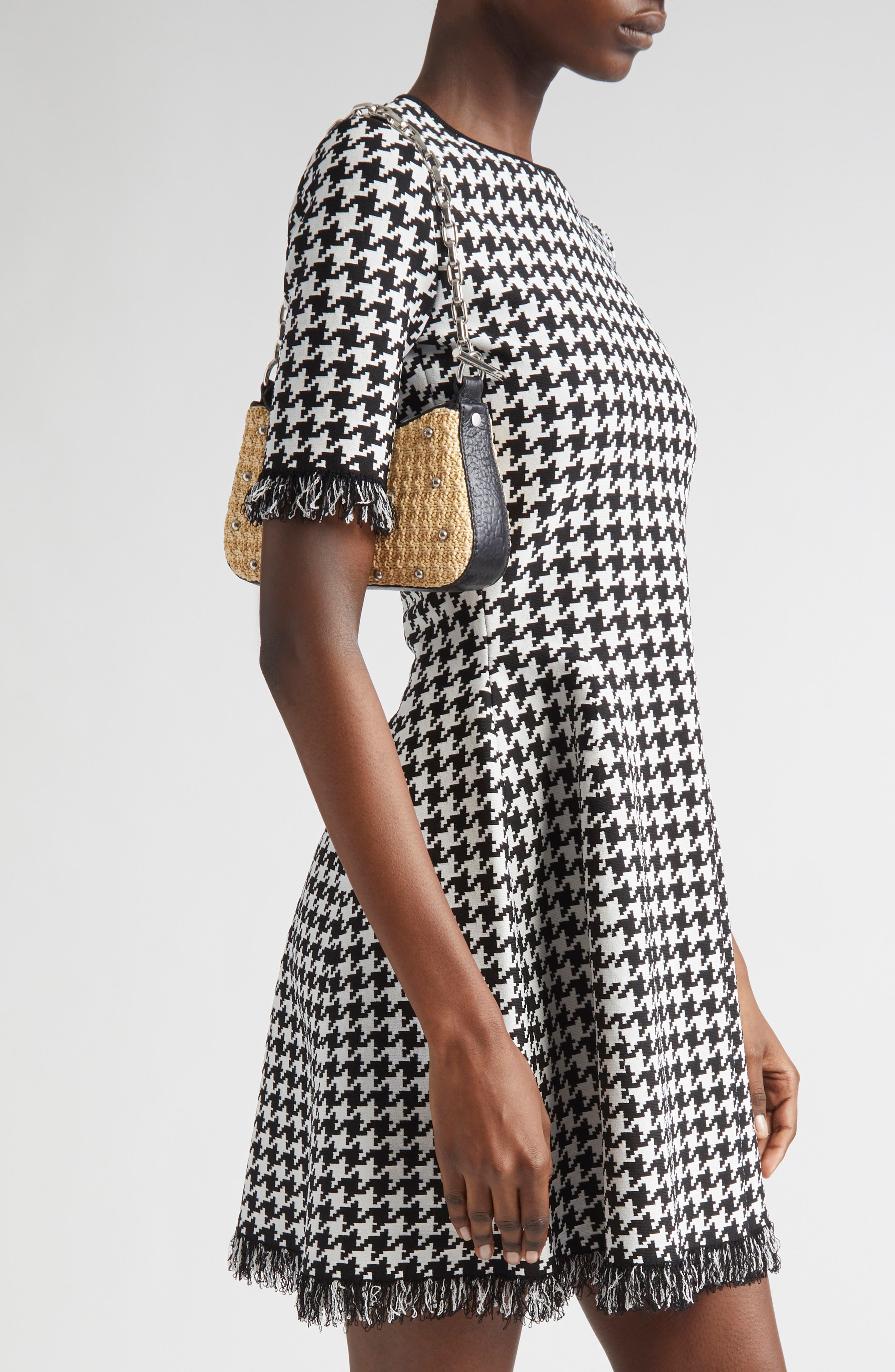 McQueen Mini T-Bar Studded Faux Raffia Pouch, Alternate, color, Natural/ Black/ Silver