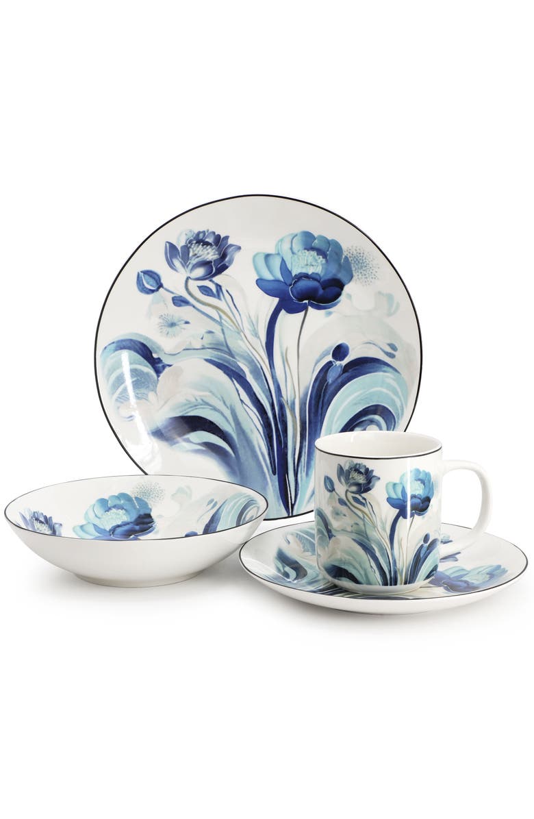 Elama Peony Garden 16 Piece Floral Design Round Porcelain Dinnerware Set, Alternate, color, White