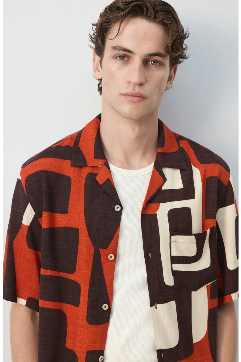 Geo Print Bowling Shirt, Alternate, color, BURNT ORANGE