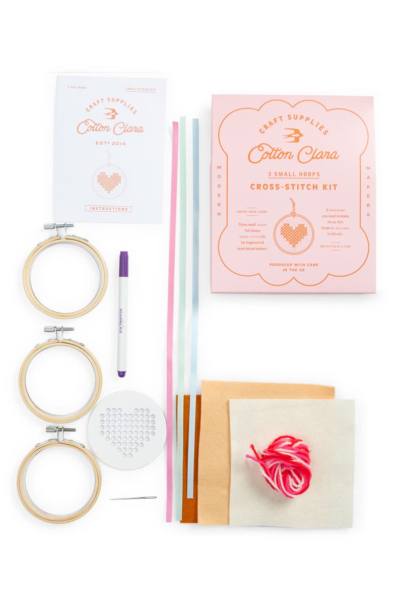 Cotton Clara 3-Pack Heart Hoop Cross Stitch Embroidery Kit, Main, color, 