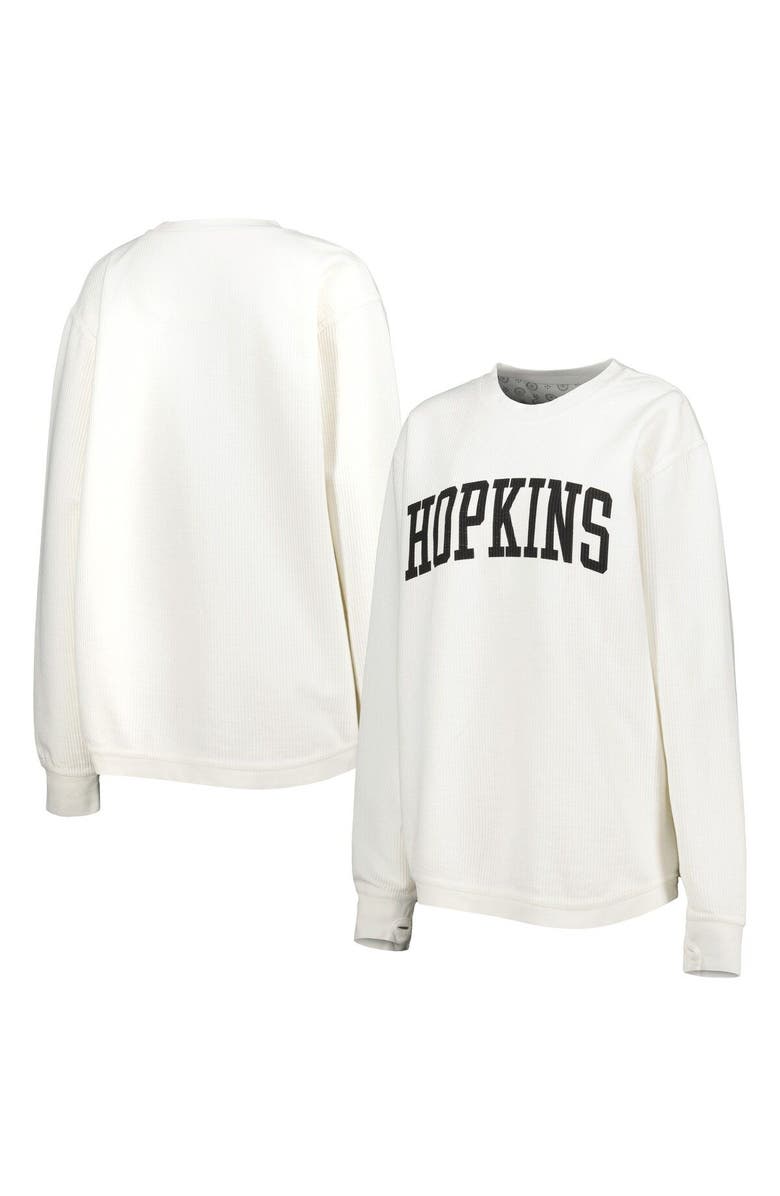 PRESSBOX Women's Pressbox Cream Johns Hopkins Blue Jays Comfy Cord Vintage Wash Basic Arch Pullover Sweatshirt, Main, color, 