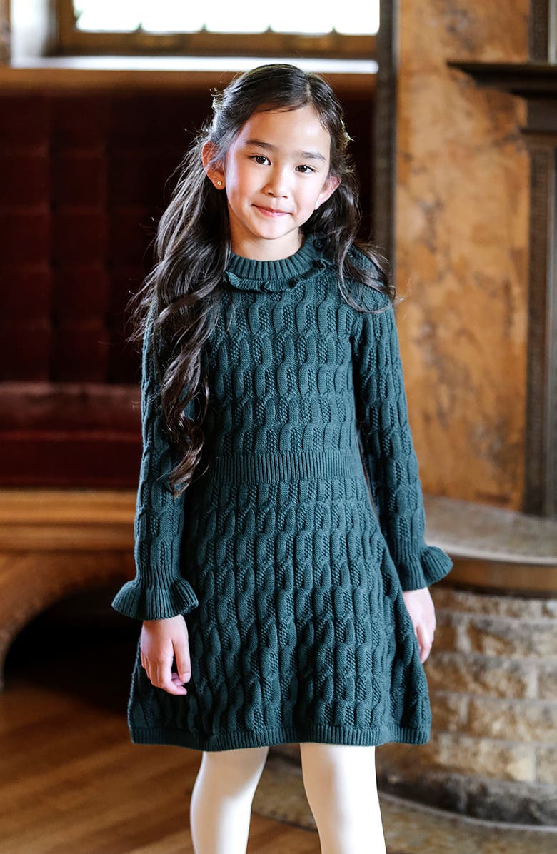 Hope & Henry Kids' Organic Ruffle Edge Cable Knit Sweater Dress, Alternate, color, Deep Green Cable