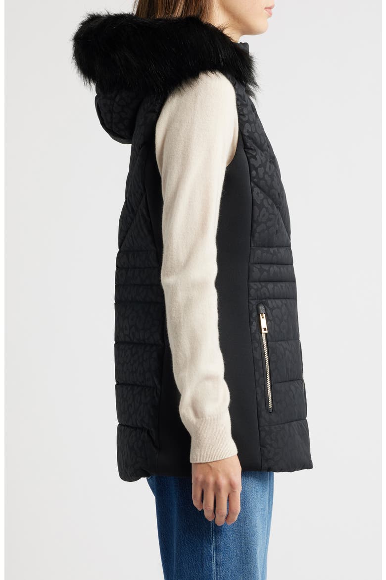 Faux Fur Trim Quilted Vest, Alternate, color, BLACK