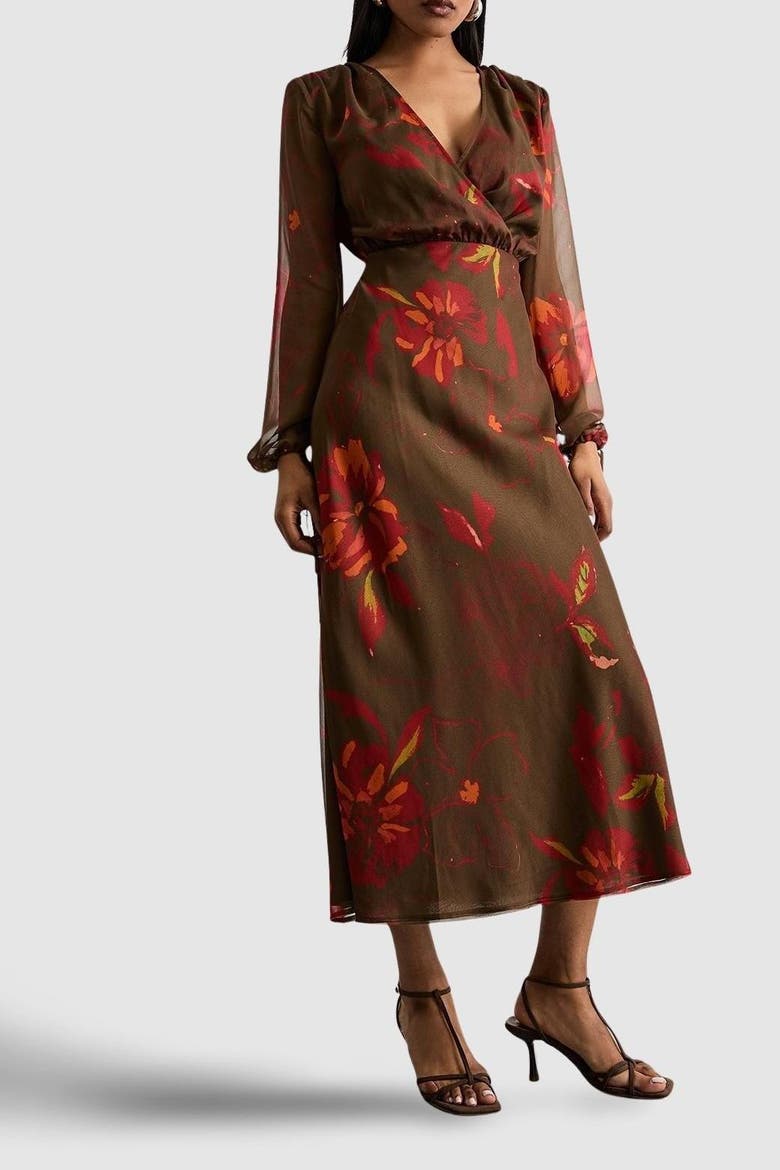 Printed V Neck Tie Detail Midi Dress, Alternate, color, Brown
