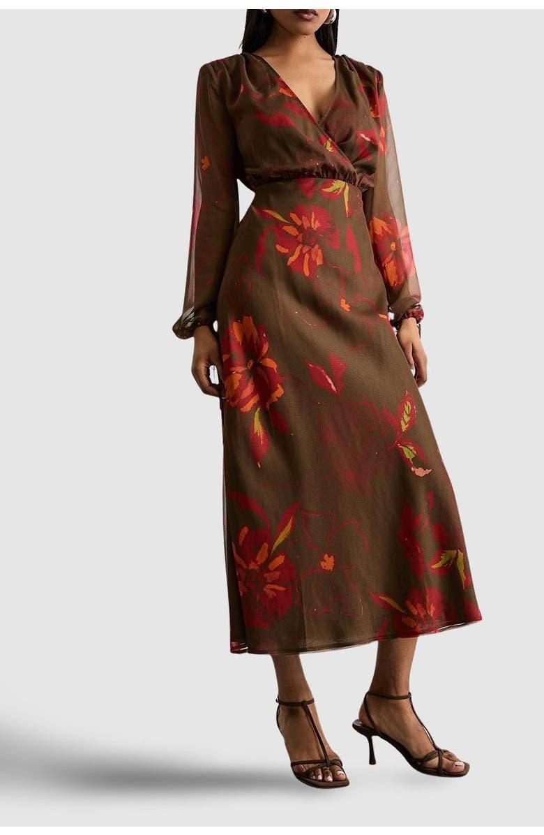 Warehouse Printed V Neck Tie Detail Midi Dress, Alternate, color, Brown
