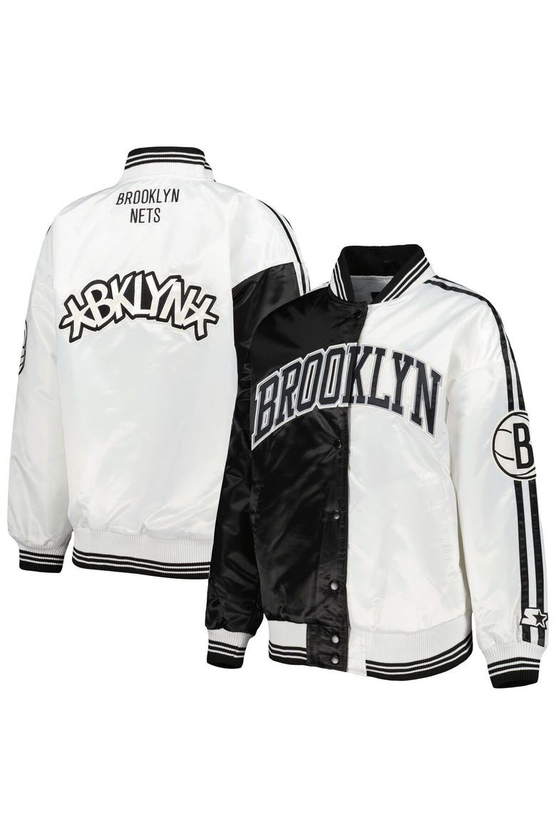 Women's Starter Black/White Brooklyn Nets Split Colorblock Satin Full-Snap Varsity Jacket, Main, color, Black