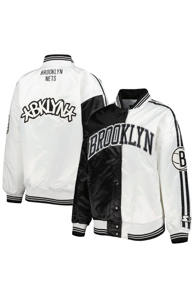 STARTER Women's Starter Black/White Brooklyn Nets Split Colorblock Satin Full-Snap Varsity Jacket, Main, color, Black