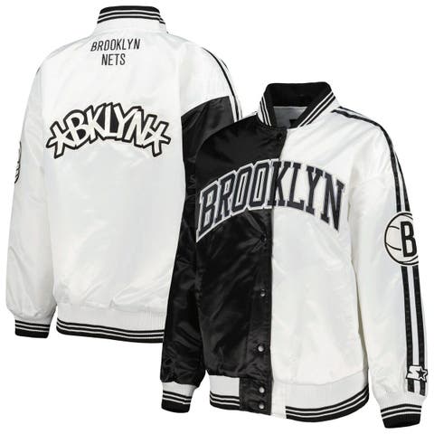 Women's Starter Black/White Brooklyn Nets Split Colorblock Satin Full-Snap Varsity Jacket