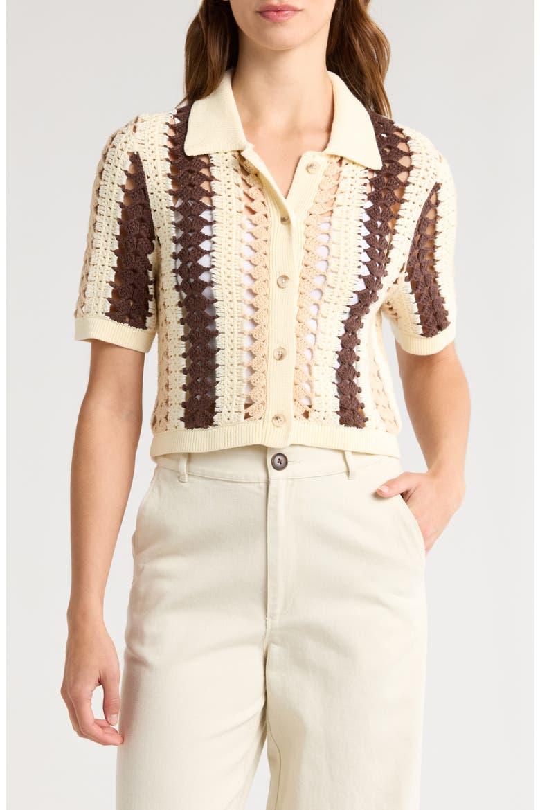 Roni Collar Crochet Cardigan, Main, color, CREAM/ BROWN